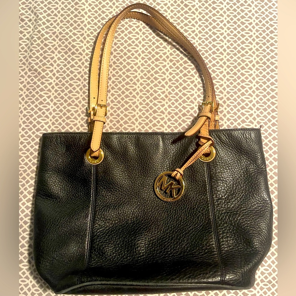 Rare Vintage Michael Kors Black Pebbled Leather Tote Bag Pink Adjustable Handles